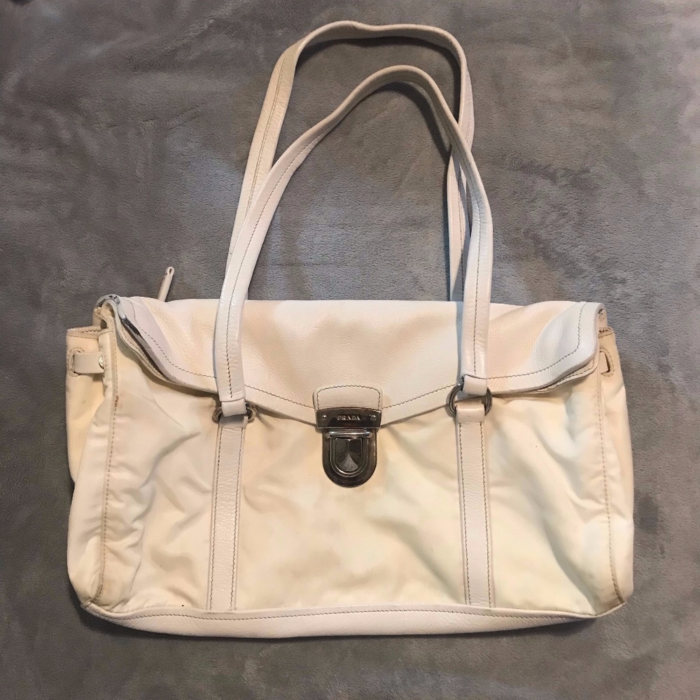 Authentic Prada white leather and nylon bag